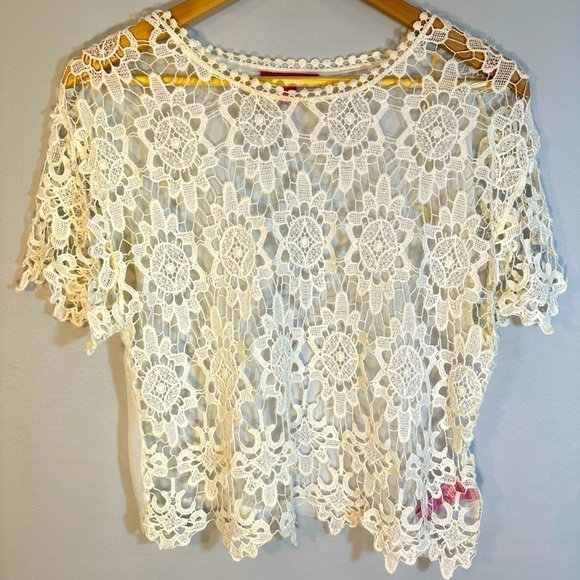 Derek Heart Womens Blouse Size XL Lace Front Sheer Back Short Sleeve Cream Ivory - Picture 1 of 7